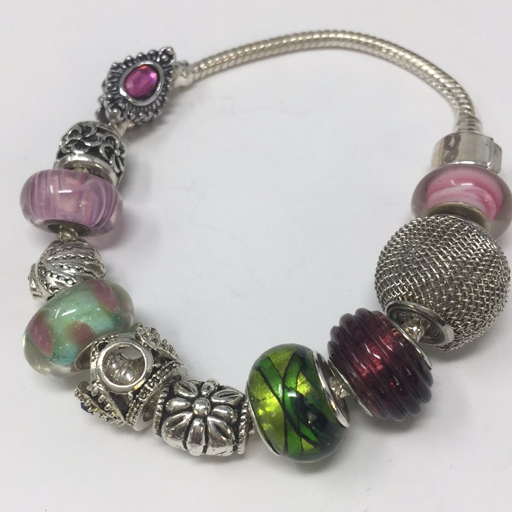 Charm bracelet pinks, greens, silver tone  7.75”